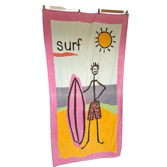 VTG Surfer Beach Towel 90s Rare Decorative Cotton Stockman Surfboard Pink Beach - Picture 1 of 8